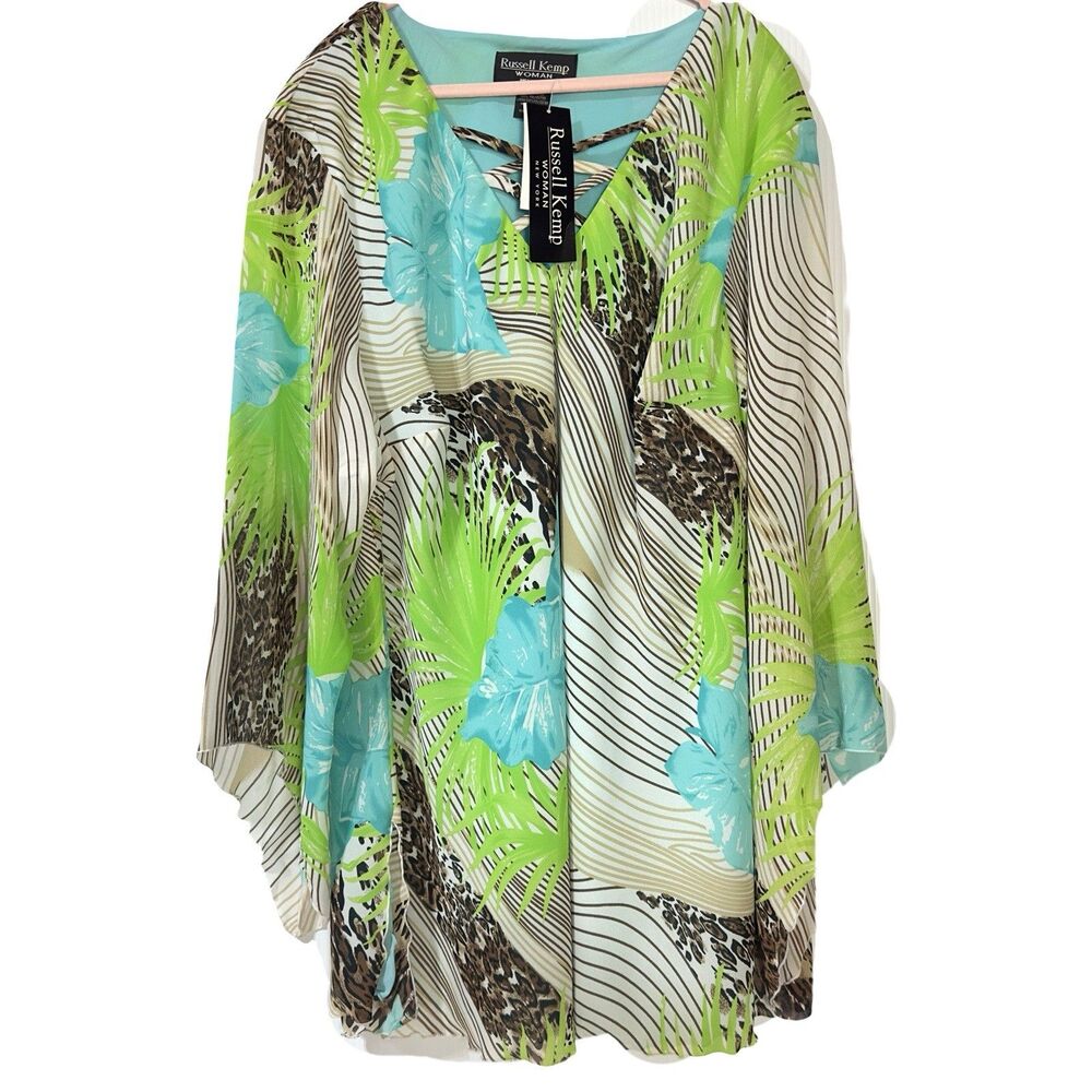 Russell Kemp Tunic Top Womens 4X Blue Green Tropical Resort Animal Print NWT